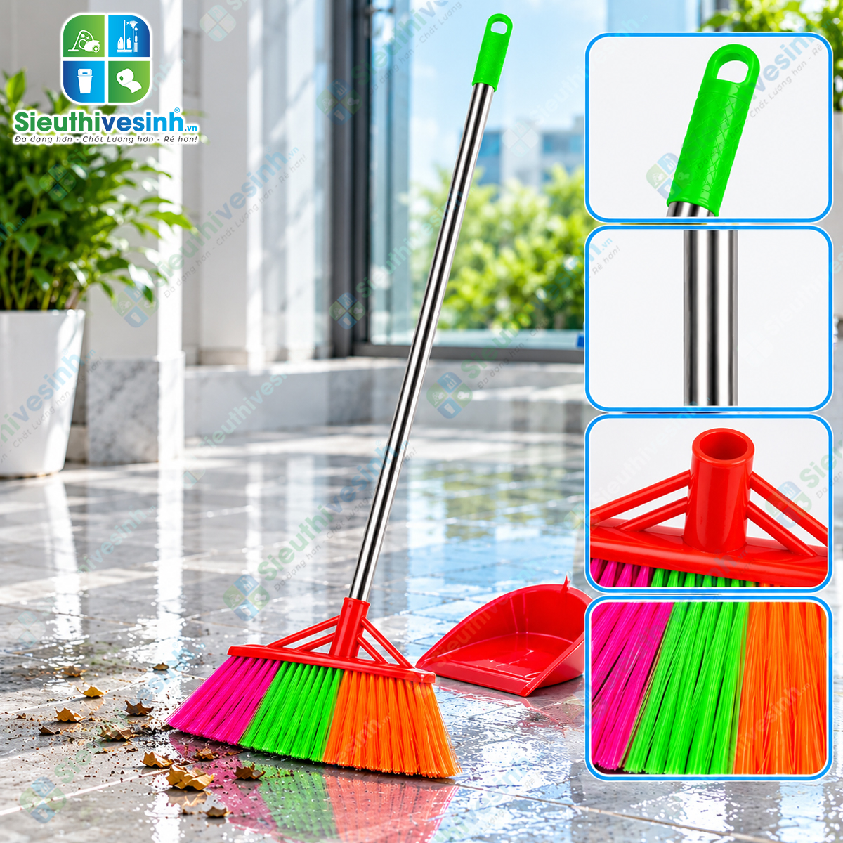 Chổi nhựa quét nước cán inox, dụng cụ quét và gom nước trên sàn nhà, nhà tắm và sân.