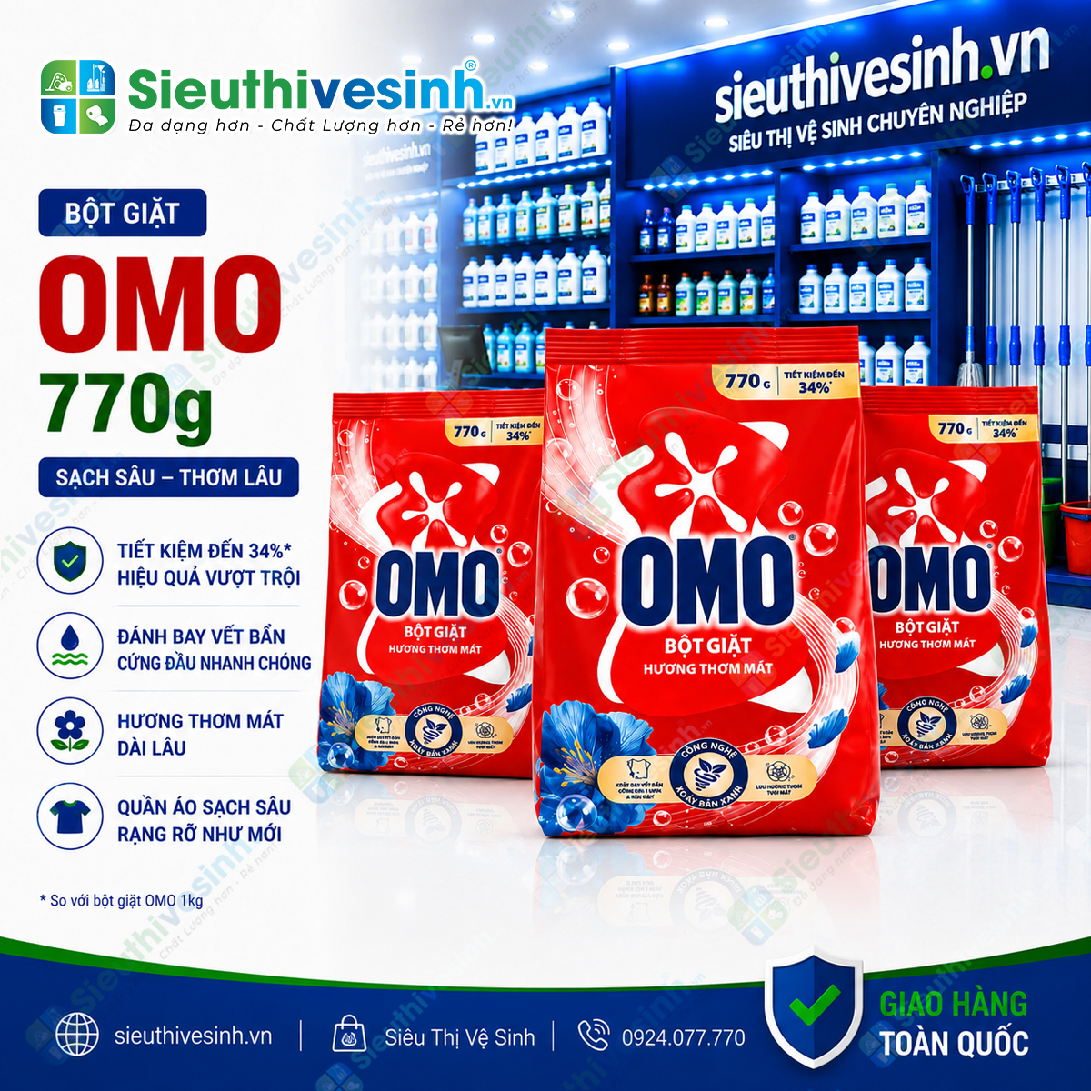 Bột Giặt OMO 770g – sản phẩm giặt tẩy dùng cho nhu cầu làm sạch quần áo hằng ngày