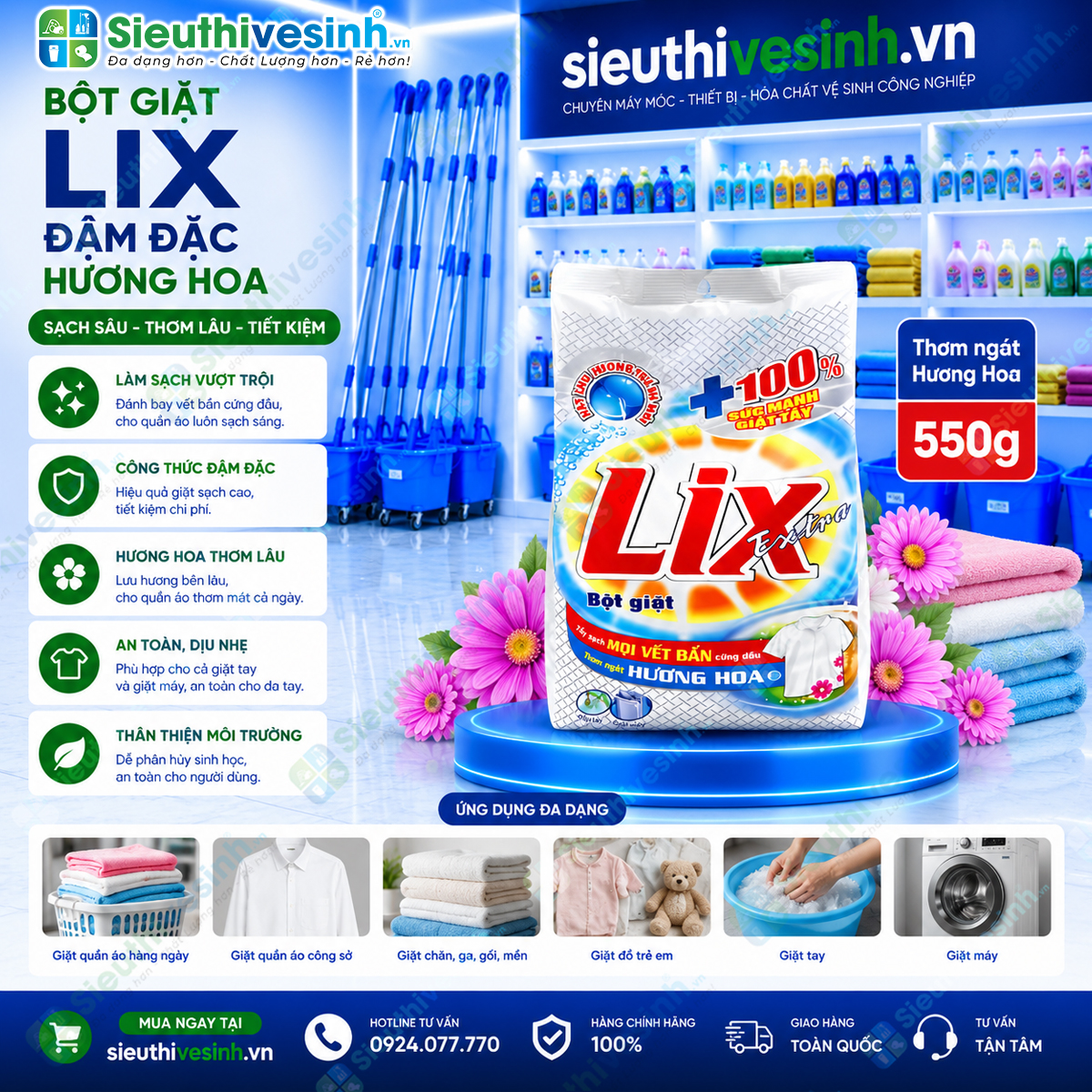 Bột Giặt Lix Đậm Đặc Hương Hoa 550g – hỗ trợ làm sạch quần áo và mang lại hương hoa dễ chịu sau khi giặt.