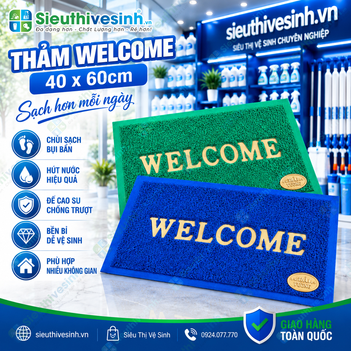 Thảm Welcome kích thước 40x60cm, phù hợp làm thảm chùi chân cửa ra vào, văn phòng, cửa hàng và gia đình.