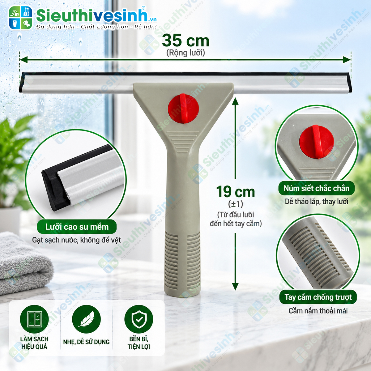 Cây gạt kính 35cm màu xám, dụng cụ gạt nước trên cửa kính, vách kính và kính nhà tắm.