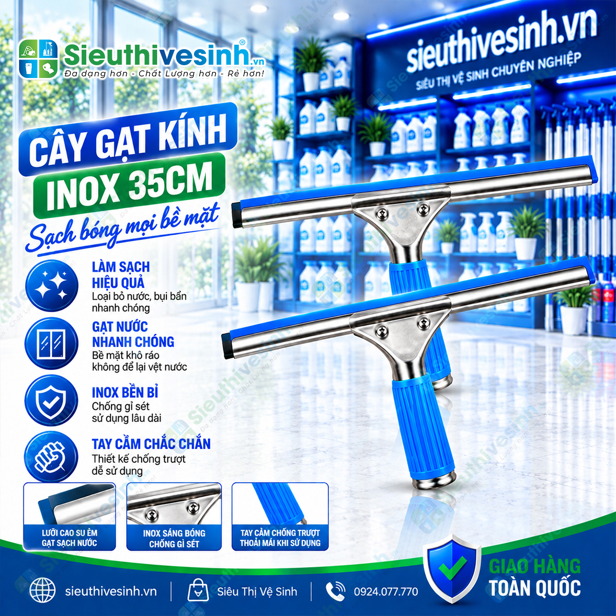 Cây gạt kính inox 35cm tay cầm xanh, dụng cụ gạt nước cửa kính, vách kính và kính nhà tắm.