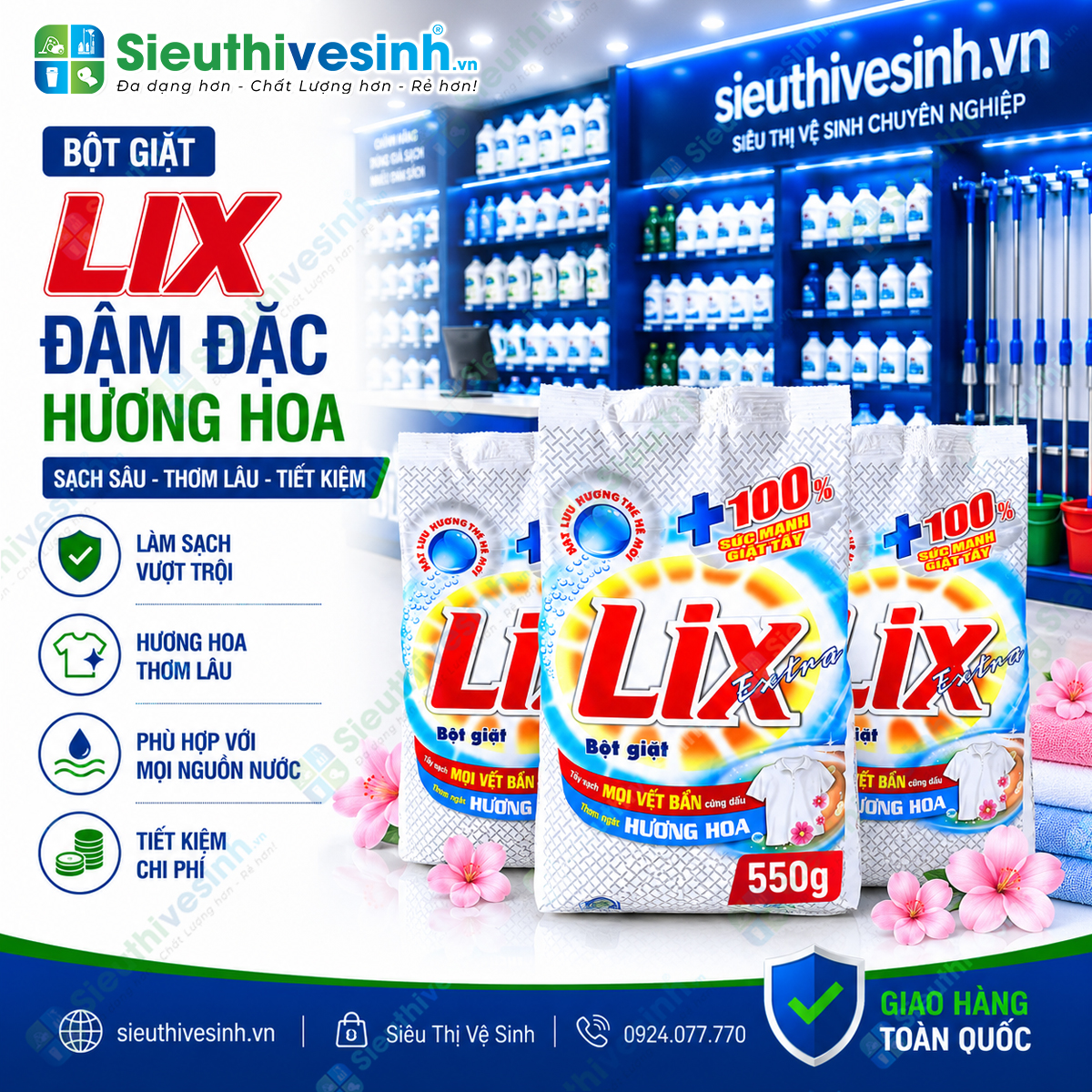 Bột Giặt Lix Đậm Đặc Hương Hoa 550g – hỗ trợ làm sạch quần áo và mang lại hương hoa dễ chịu sau khi giặt.