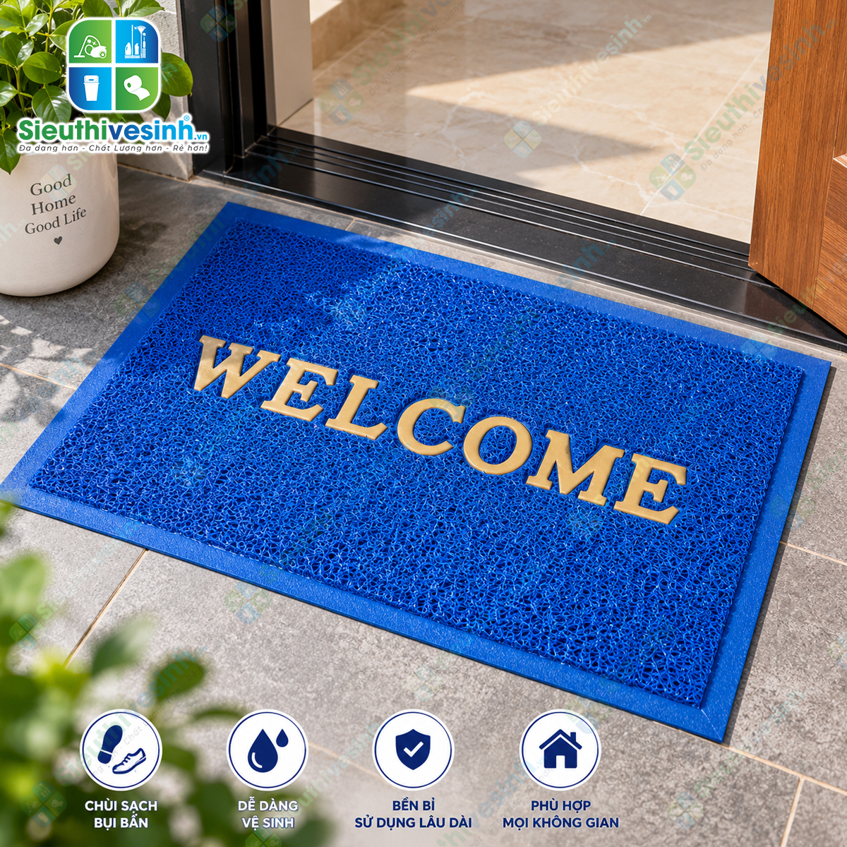 Thảm Welcome kích thước 40x60cm, phù hợp làm thảm chùi chân cửa ra vào, văn phòng, cửa hàng và gia đình.