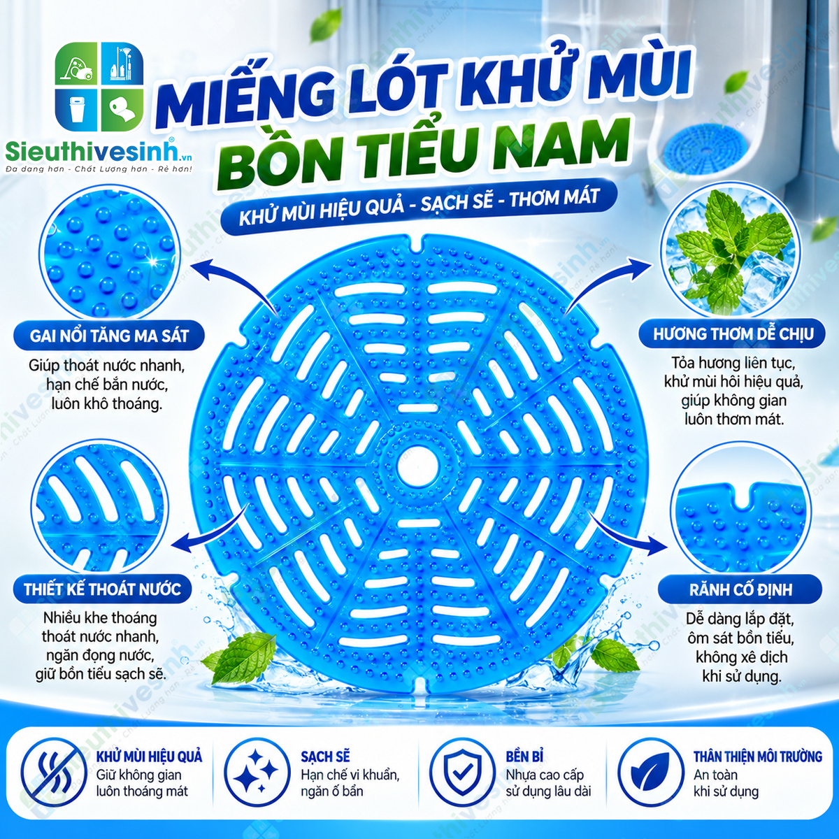 Miếng lót khử mùi bồn tiểu nam – thiết kế dạng lưới, đặt trực tiếp trong bồn tiểu, hỗ trợ kiểm soát mùi và hạn chế cặn bẩn.