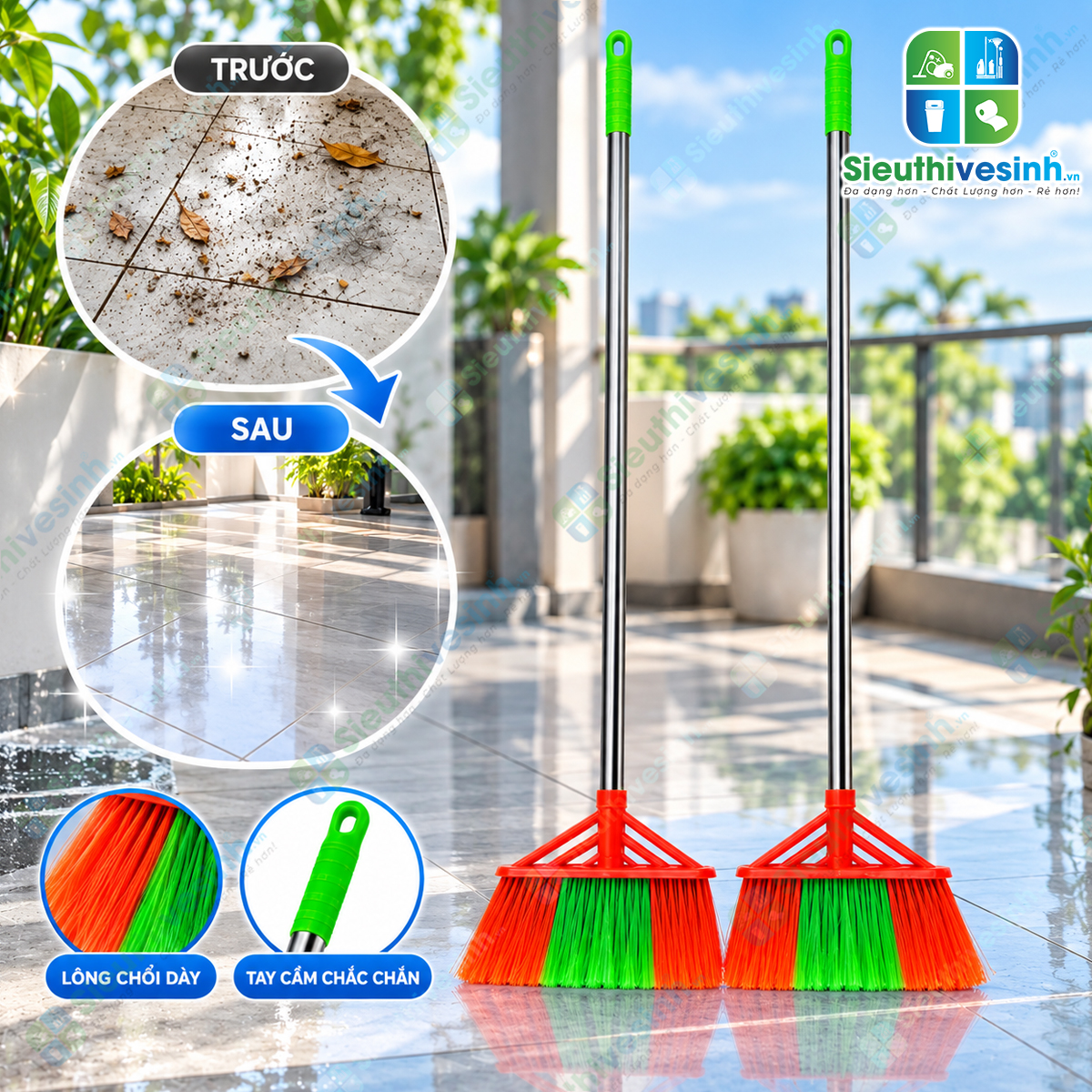 Chổi nhựa quét nước cán inox, dụng cụ quét và gom nước trên sàn nhà, nhà tắm và sân.