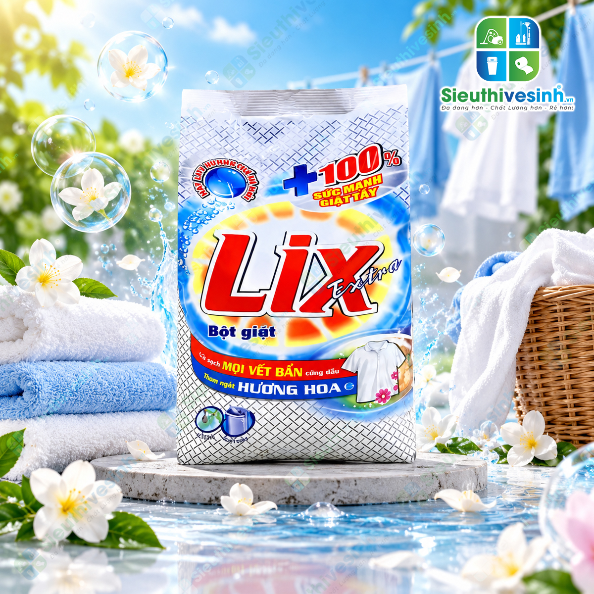 Bột Giặt Lix Đậm Đặc Hương Hoa 550g – hỗ trợ làm sạch quần áo và mang lại hương hoa dễ chịu sau khi giặt.