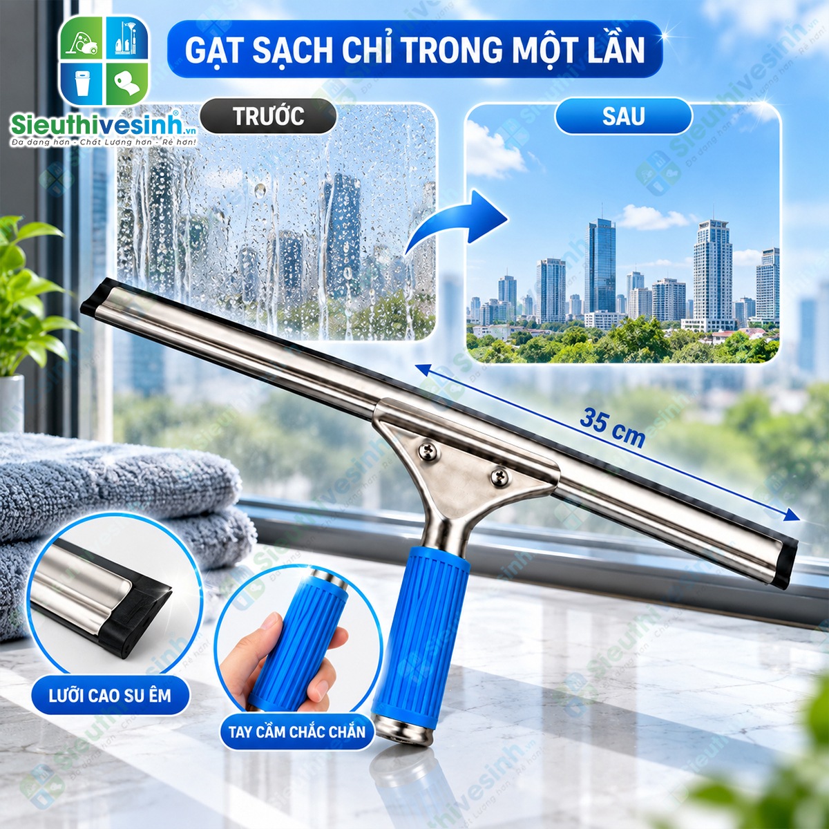 Cây gạt kính inox 35cm tay cầm xanh, dụng cụ gạt nước cửa kính, vách kính và kính nhà tắm.