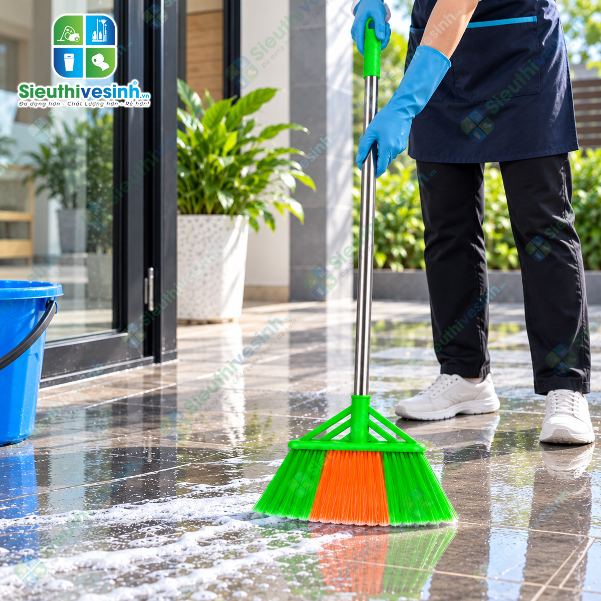 Chổi nhựa quét nước cán inox, dụng cụ quét và gom nước trên sàn nhà, nhà tắm và sân.