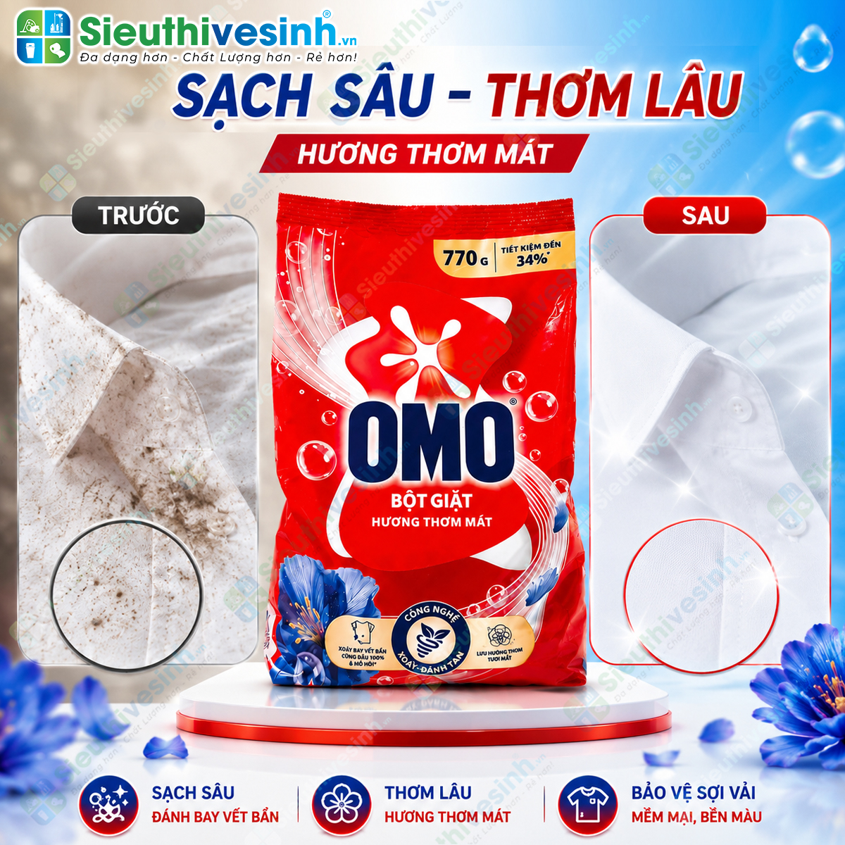 Bột Giặt OMO 770g – sản phẩm giặt tẩy dùng cho nhu cầu làm sạch quần áo hằng ngày