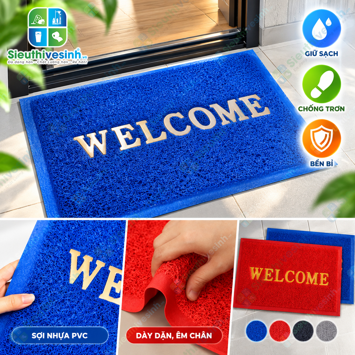 Thảm Welcome kích thước 40x60cm, phù hợp làm thảm chùi chân cửa ra vào, văn phòng, cửa hàng và gia đình.