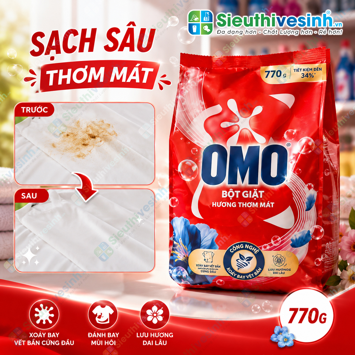 Bột Giặt OMO 770g – sản phẩm giặt tẩy dùng cho nhu cầu làm sạch quần áo hằng ngày
