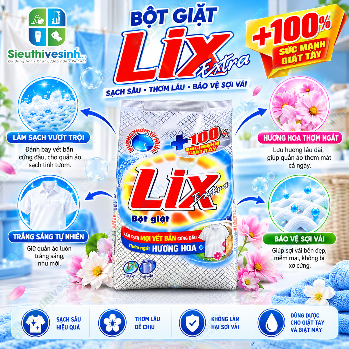 Bột Giặt Lix Đậm Đặc Hương Hoa 550g – hỗ trợ làm sạch quần áo và mang lại hương hoa dễ chịu sau khi giặt.