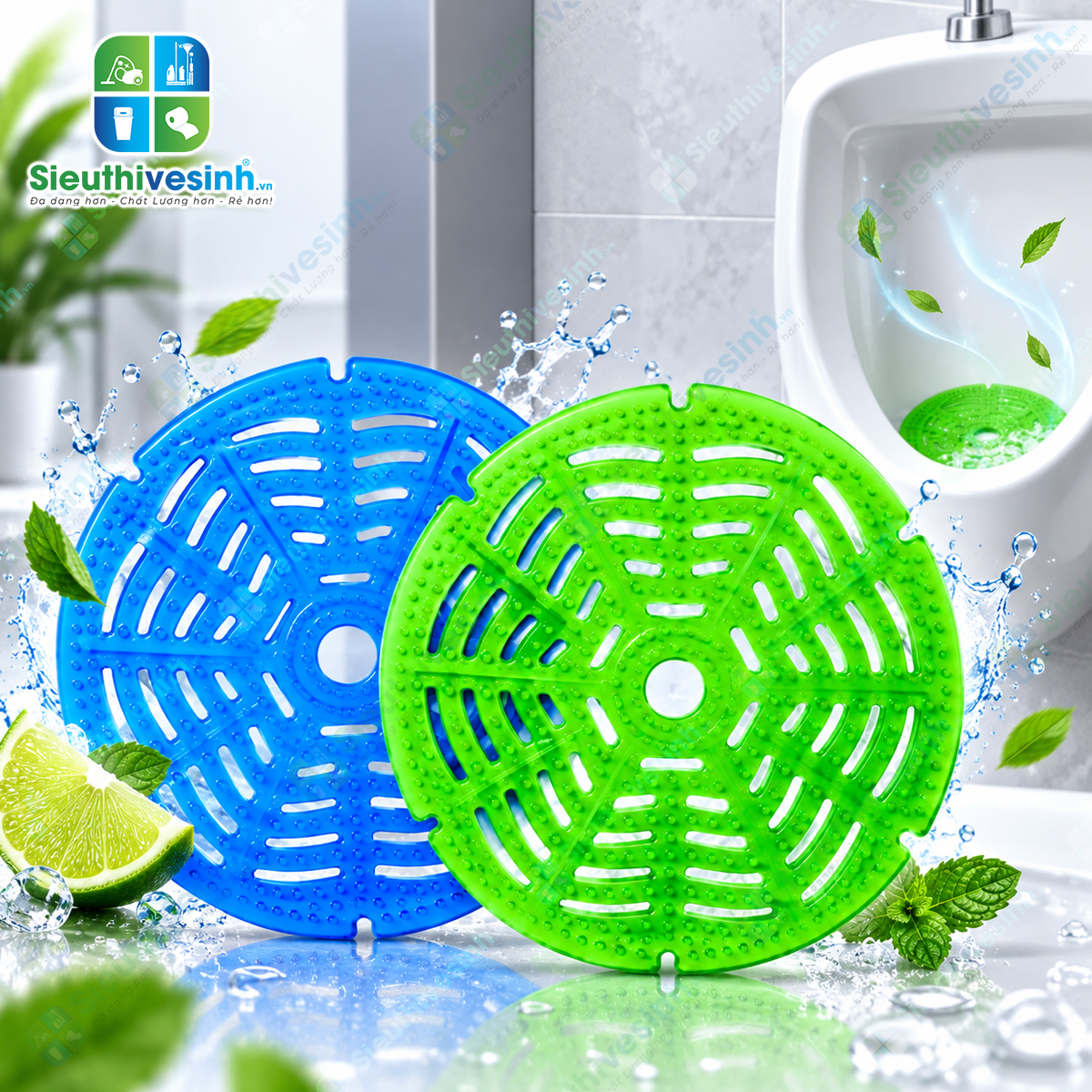 Miếng lót khử mùi bồn tiểu nam – thiết kế dạng lưới, đặt trực tiếp trong bồn tiểu, hỗ trợ kiểm soát mùi và hạn chế cặn bẩn.
