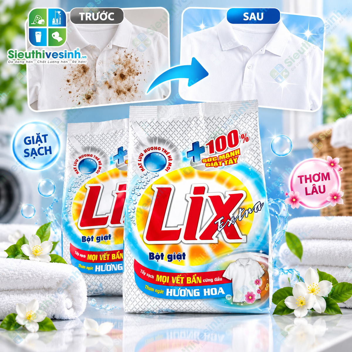 Bột Giặt Lix Đậm Đặc Hương Hoa 550g – hỗ trợ làm sạch quần áo và mang lại hương hoa dễ chịu sau khi giặt.