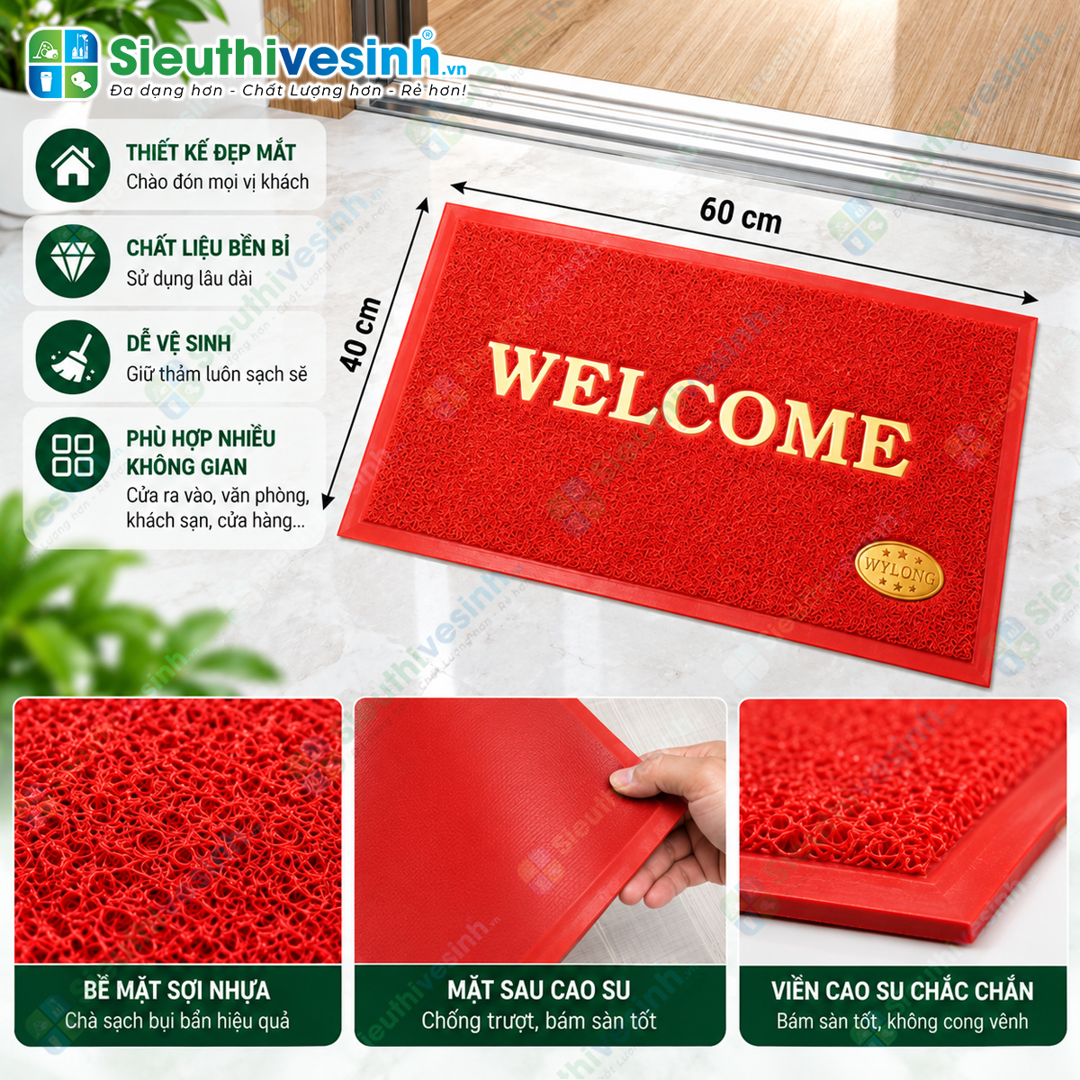 Thảm Welcome kích thước 40x60cm, phù hợp làm thảm chùi chân cửa ra vào, văn phòng, cửa hàng và gia đình.