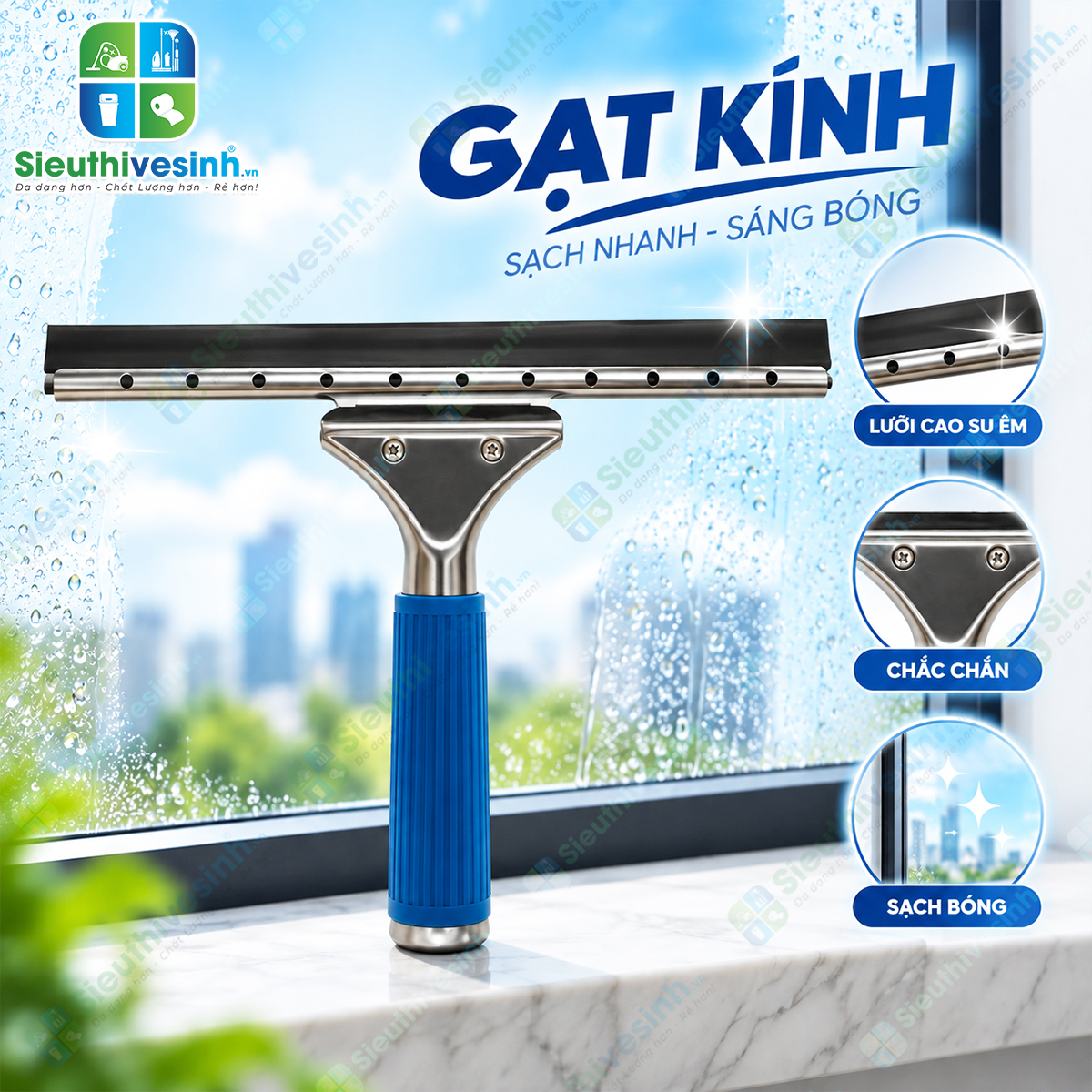 Cây gạt kính inox 35cm tay cầm xanh, dụng cụ gạt nước cửa kính, vách kính và kính nhà tắm.
