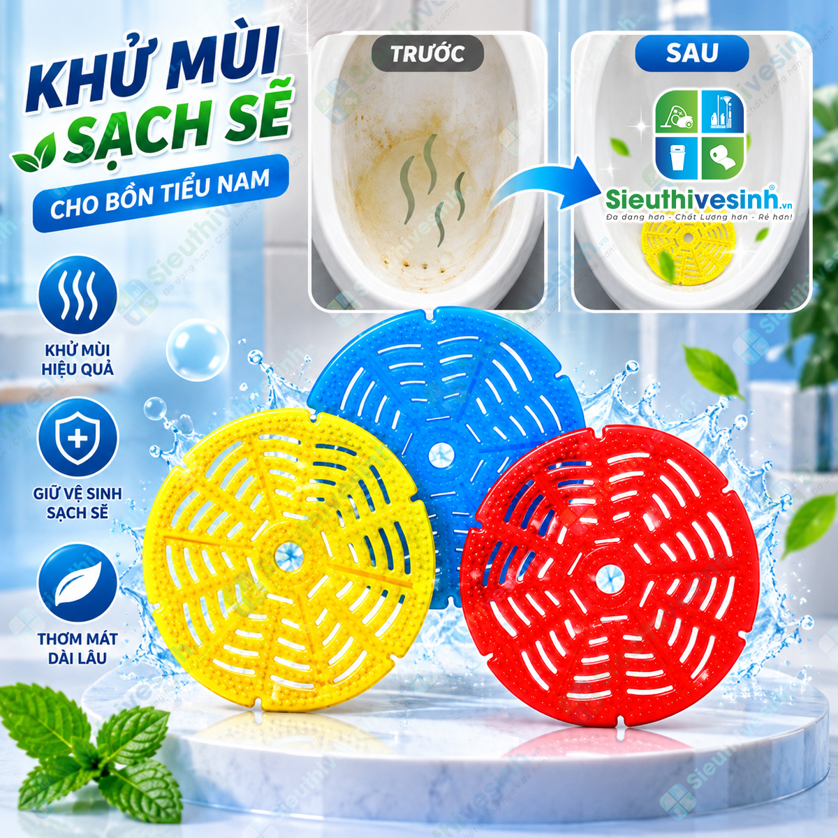 Miếng lót khử mùi bồn tiểu nam – thiết kế dạng lưới, đặt trực tiếp trong bồn tiểu, hỗ trợ kiểm soát mùi và hạn chế cặn bẩn.
