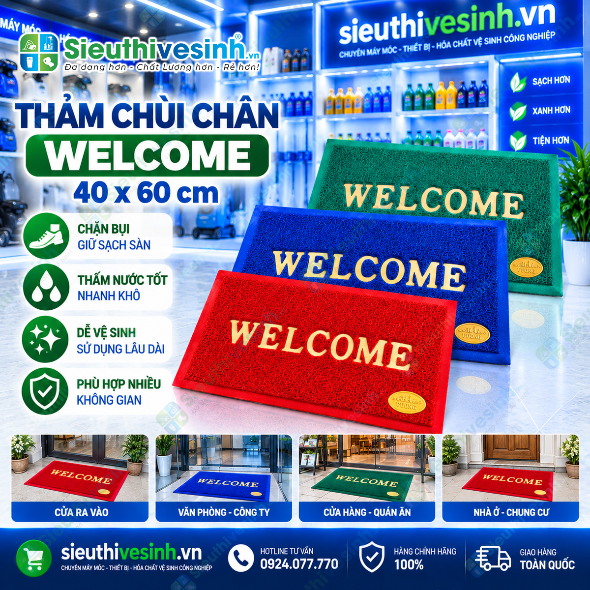 Thảm Welcome kích thước 40x60cm, phù hợp làm thảm chùi chân cửa ra vào, văn phòng, cửa hàng và gia đình.
