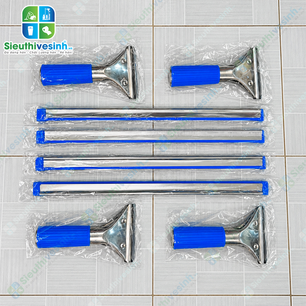 Cây gạt kính inox 35cm tay cầm xanh, dụng cụ gạt nước cửa kính, vách kính và kính nhà tắm.