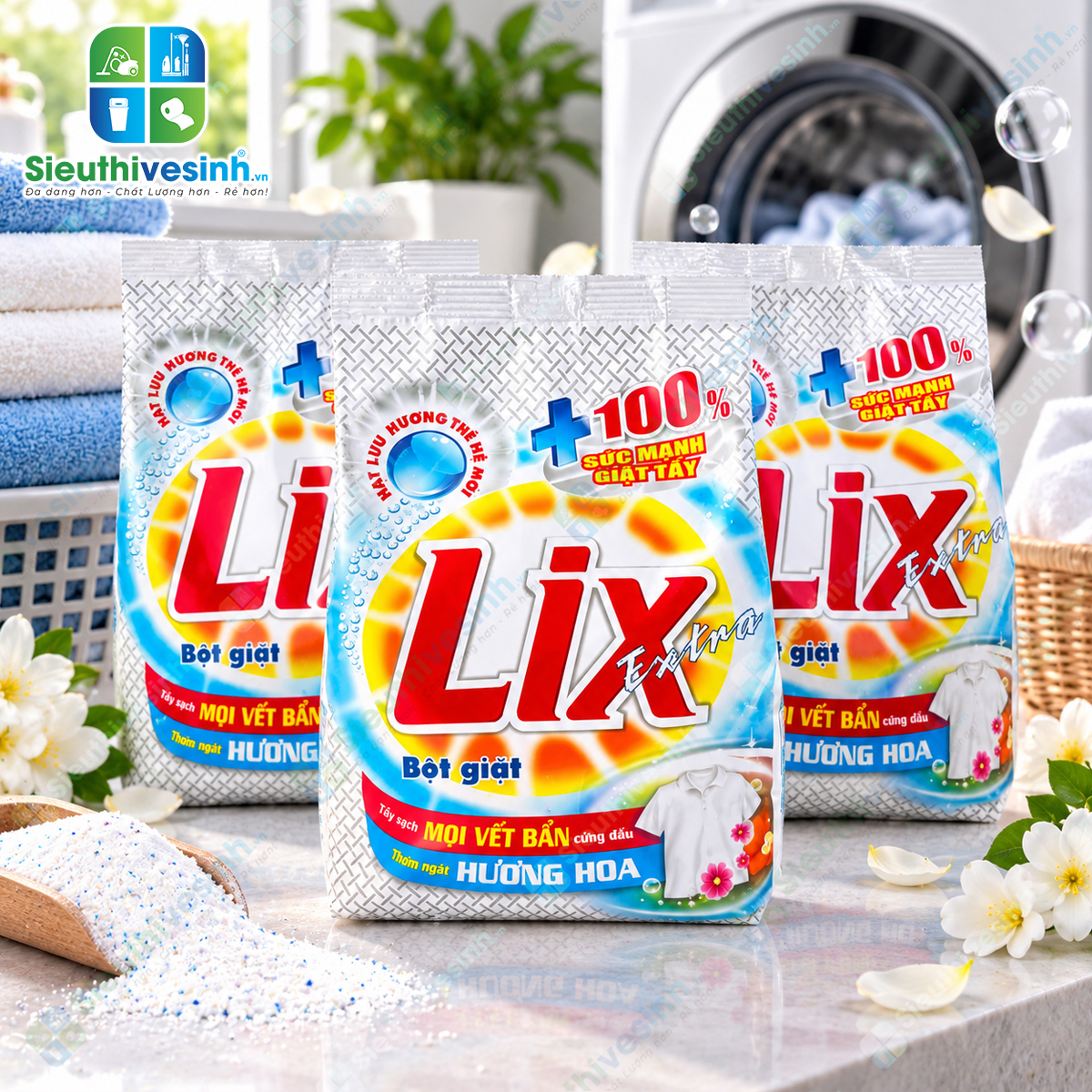 Bột Giặt Lix Đậm Đặc Hương Hoa 550g – hỗ trợ làm sạch quần áo và mang lại hương hoa dễ chịu sau khi giặt.