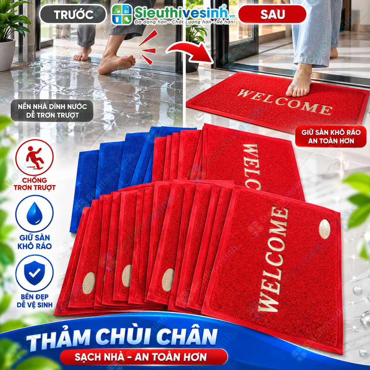 Thảm Welcome kích thước 40x60cm, phù hợp làm thảm chùi chân cửa ra vào, văn phòng, cửa hàng và gia đình.
