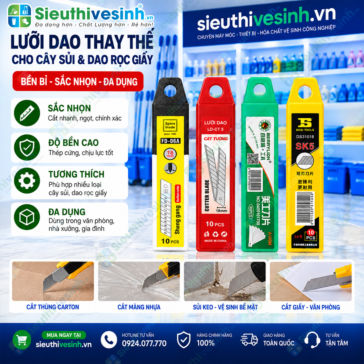 Lưỡi dao thay thế cây sủi, dao rọc giấy – quy cách 1 tuýp, dùng hỗ trợ cạo keo, decal và chất bám trên bề mặt.