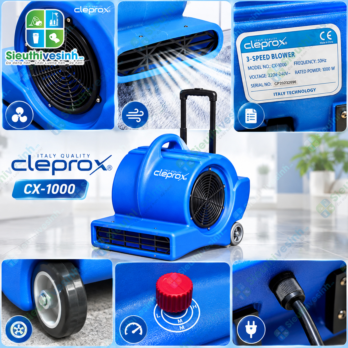 Quạt thổi thảm CleproX CX-1000 công suất 1000W, 3 cấp độ gió, hỗ trợ sấy khô thảm và sàn sau vệ sinh.