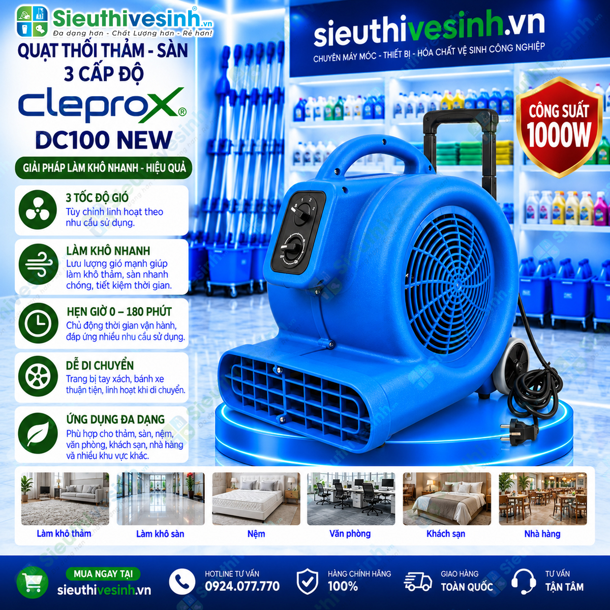 Máy sấy thổi thảm – sàn CleproX DC100 New công suất 1000W, 3 cấp độ gió và hẹn giờ 0–180 phút.