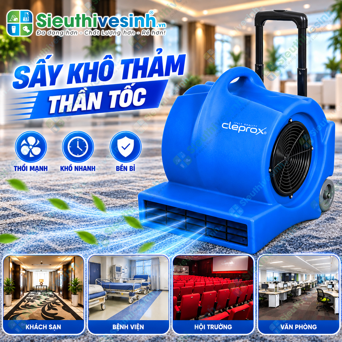 Quạt thổi thảm CleproX CX-1000 công suất 1000W, 3 cấp độ gió, hỗ trợ sấy khô thảm và sàn sau vệ sinh.