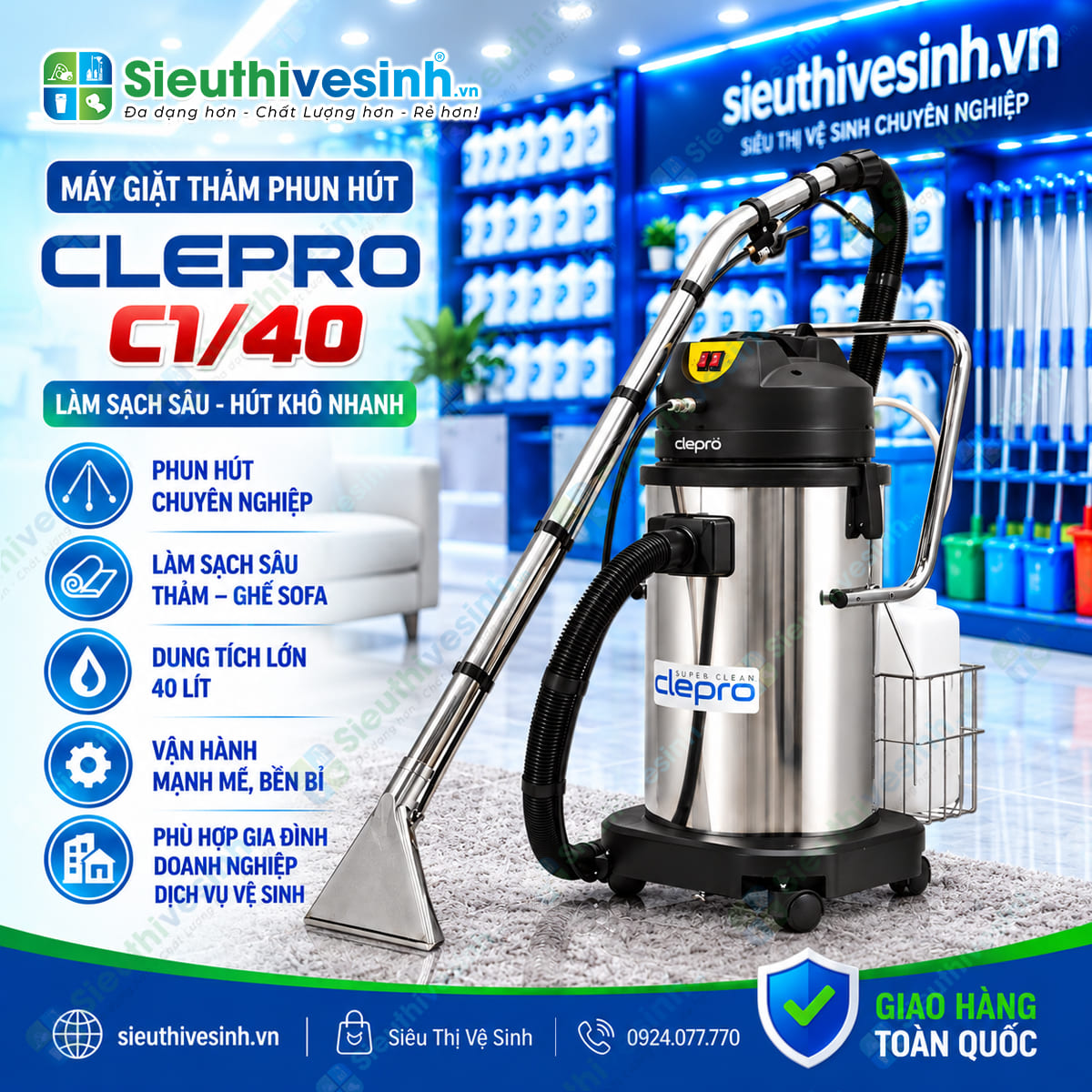 Máy CLEPRO C1/40 phun hút vệ sinh thảm và ghế sofa