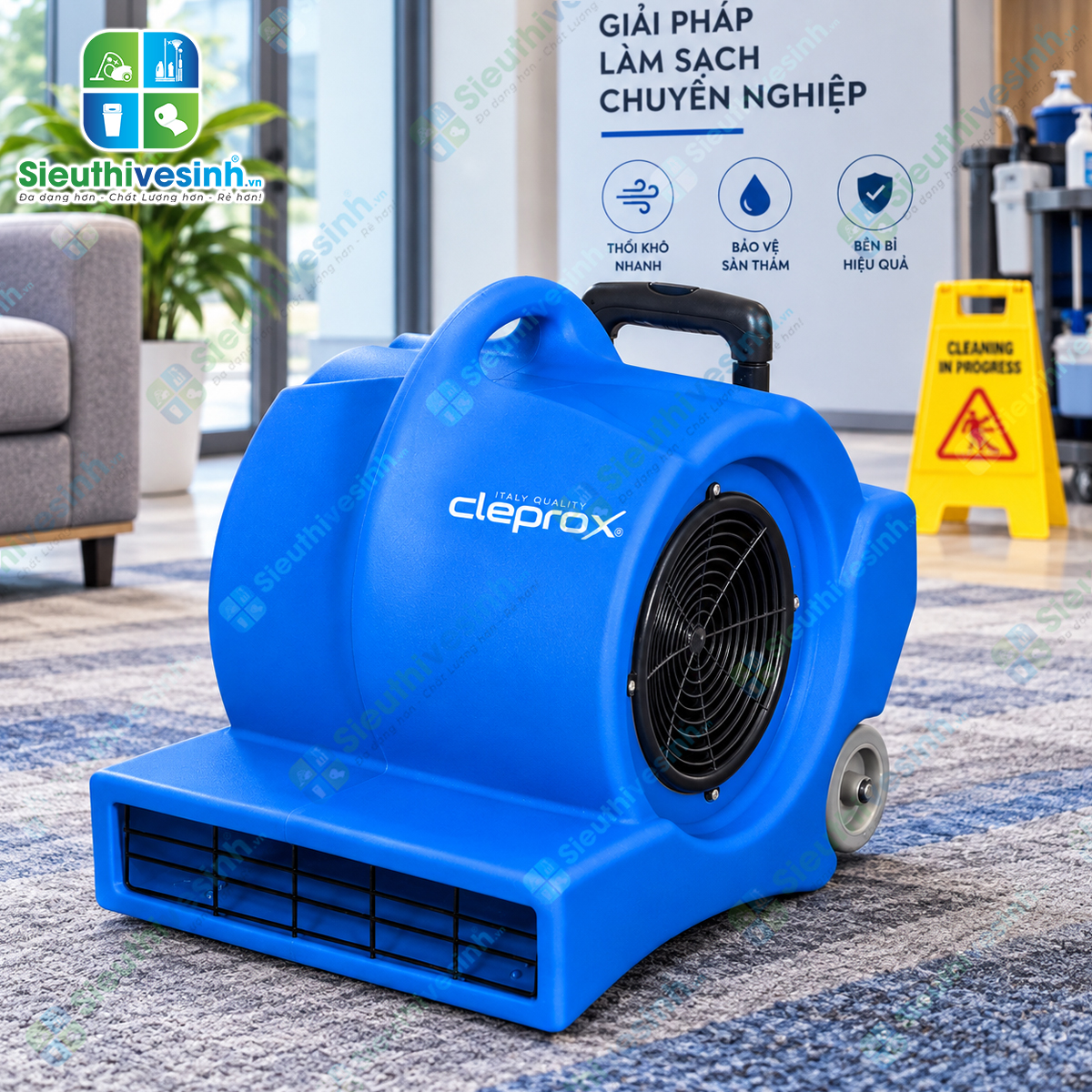 Quạt thổi thảm CleproX CX-1000 công suất 1000W, 3 cấp độ gió, hỗ trợ sấy khô thảm và sàn sau vệ sinh.