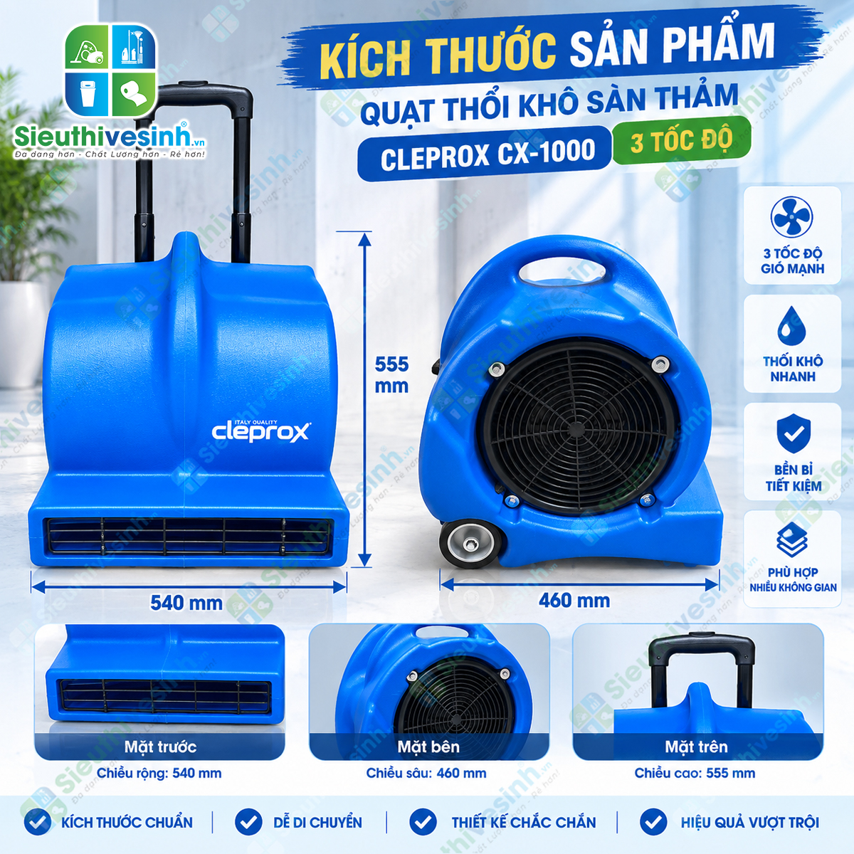 Quạt thổi thảm CleproX CX-1000 công suất 1000W, 3 cấp độ gió, hỗ trợ sấy khô thảm và sàn sau vệ sinh.