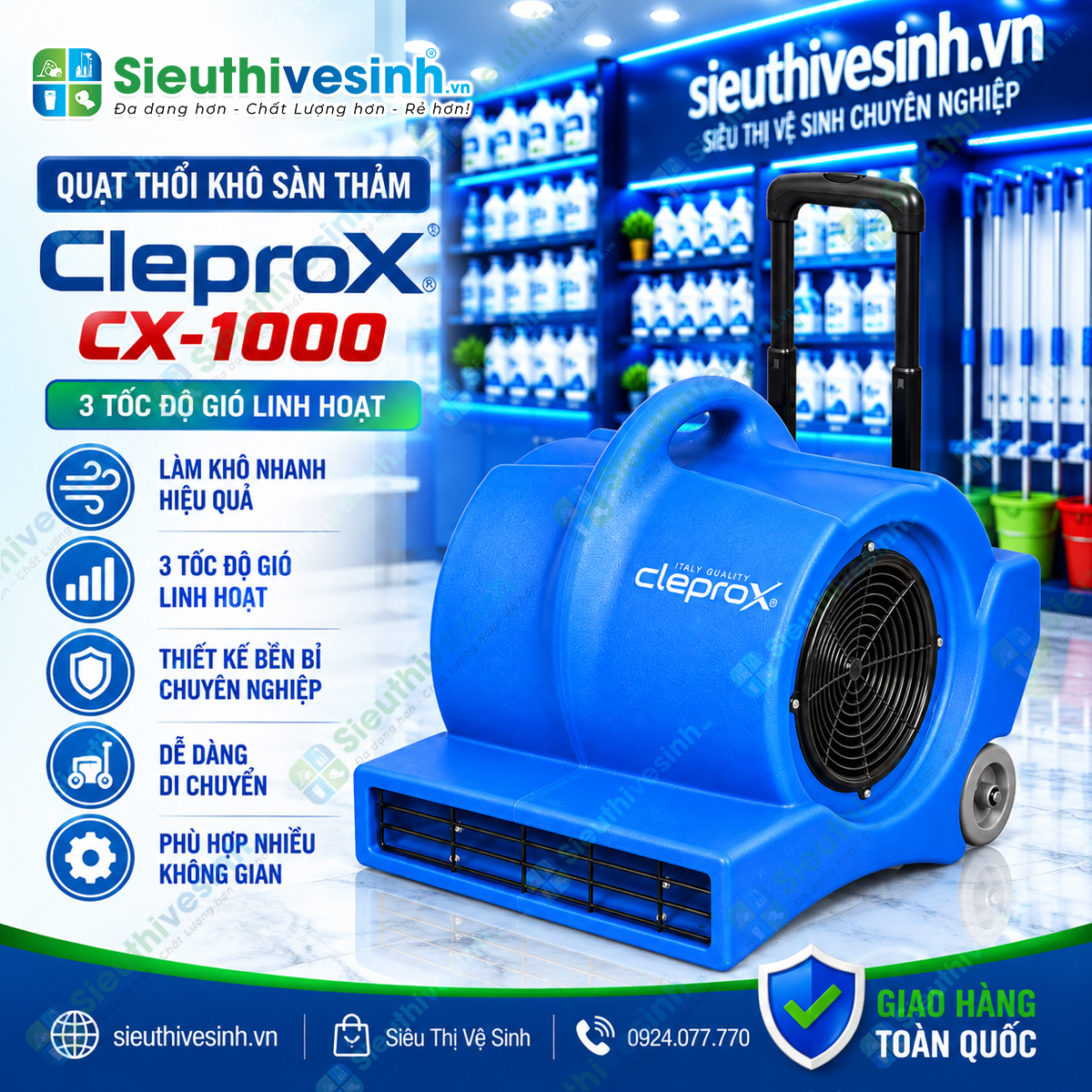 Quạt thổi thảm CleproX CX-1000 công suất 1000W, 3 cấp độ gió, hỗ trợ sấy khô thảm và sàn sau vệ sinh.