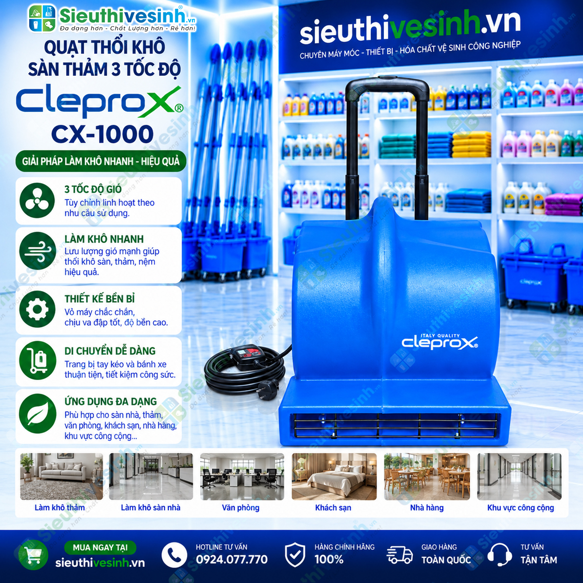 Quạt thổi thảm CleproX CX-1000 công suất 1000W, 3 cấp độ gió, hỗ trợ sấy khô thảm và sàn sau vệ sinh.