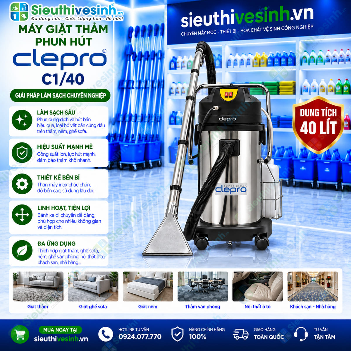 Máy giặt thảm phun hút CLEPRO C1/40
