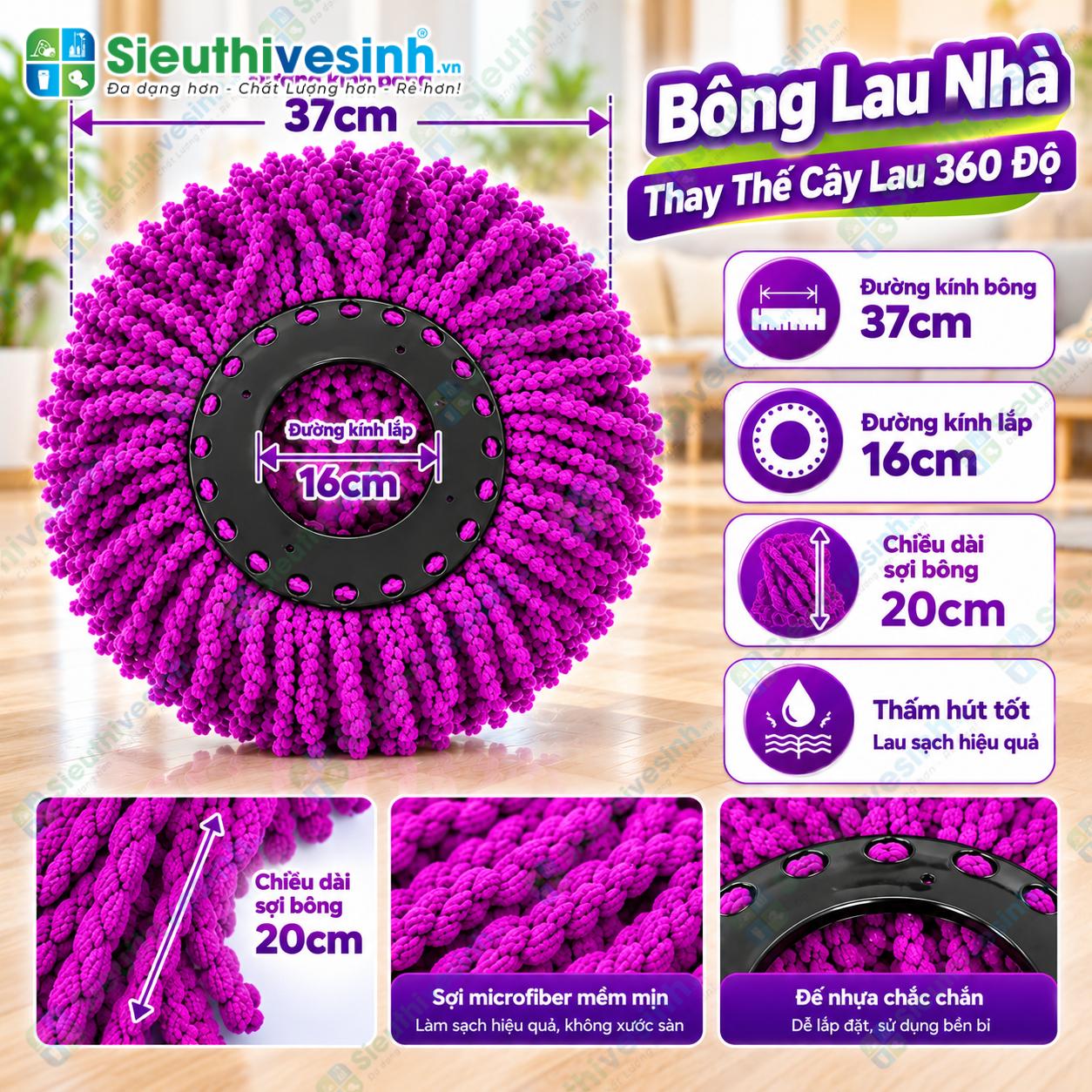 Đầu bông lau nhà tròn dùng cho cây lau 360 độ