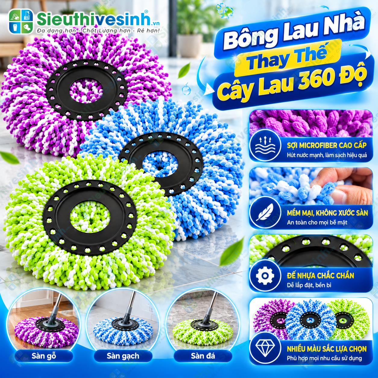 Đầu bông lau nhà tròn dùng cho cây lau 360 độ