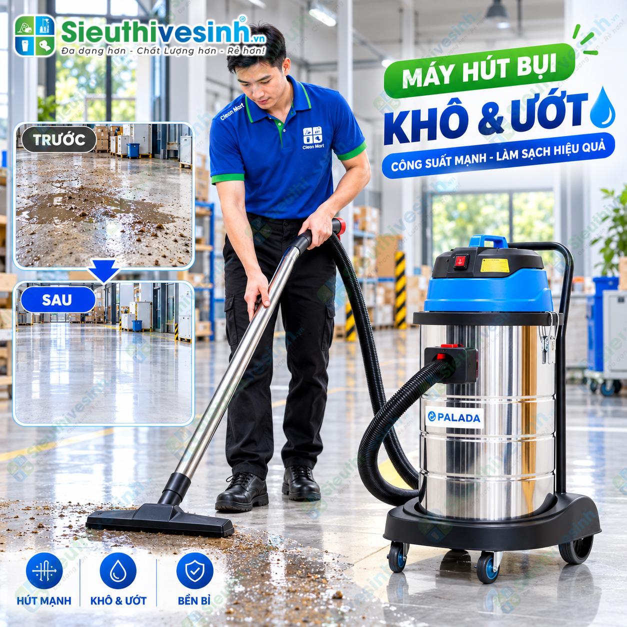 Máy hút bụi Palada PD40 dùng vệ sinh sàn nhà và nhà xưởng