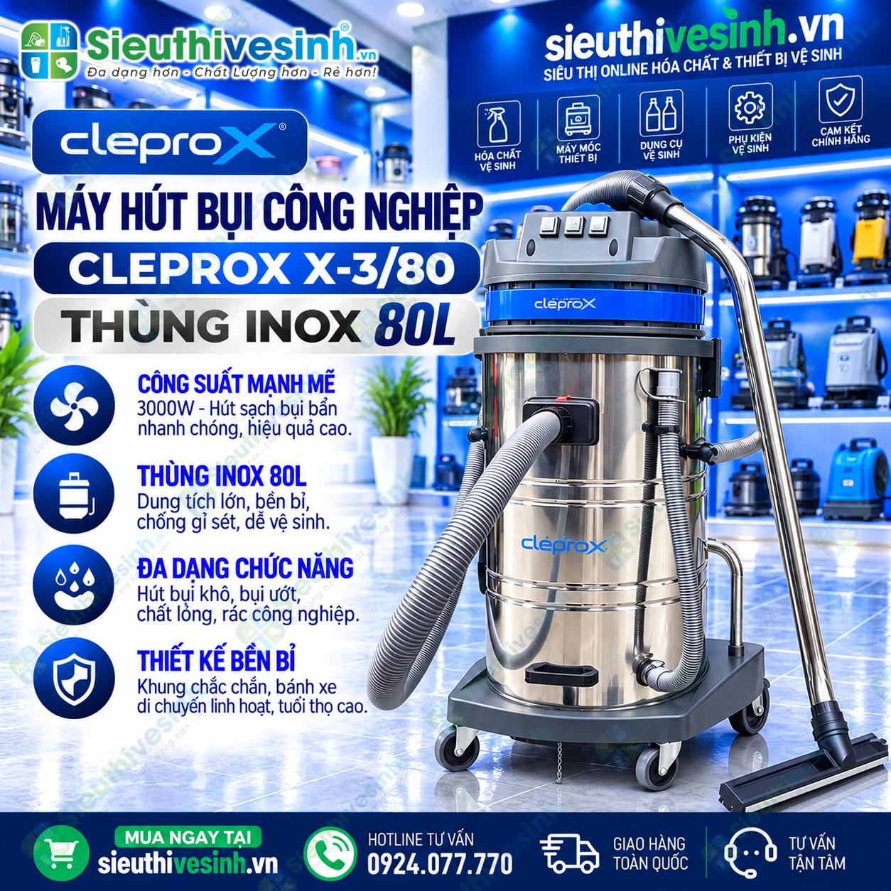 Máy hút bụi công nghiệp CleproX X-3/80 thùng inox 80L