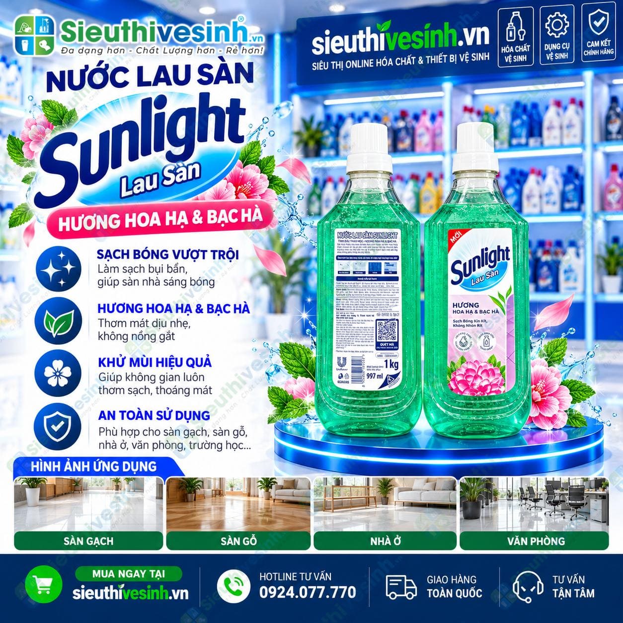 Nước lau sàn Sunlight Hương Hoa Hạ & Bạc Hà chai 1kg