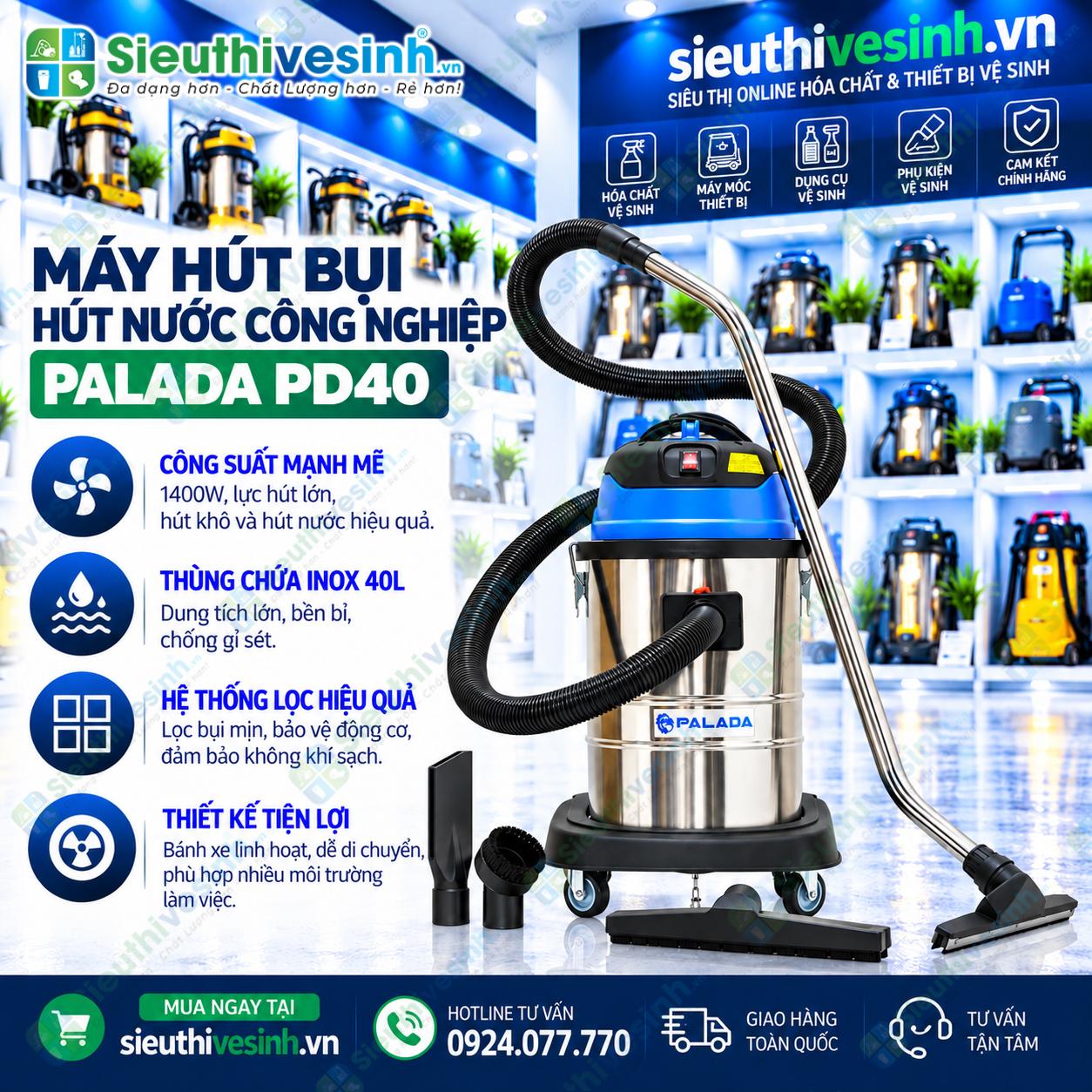 Máy hút bụi hút nước công nghiệp Palada PD40 công suất 1600W thùng chứa 40L