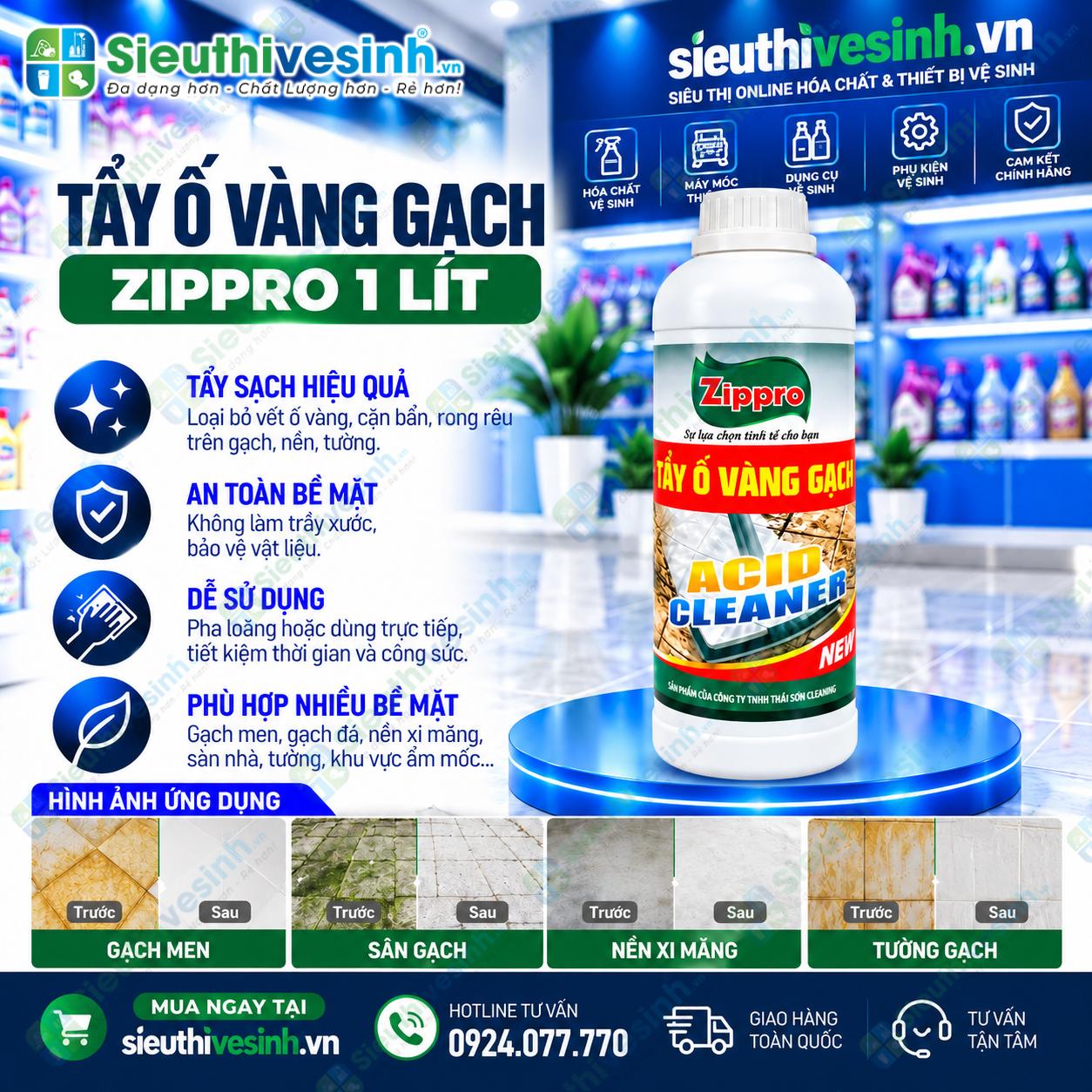 Hóa chất tẩy ố vàng gạch Zippro 1L