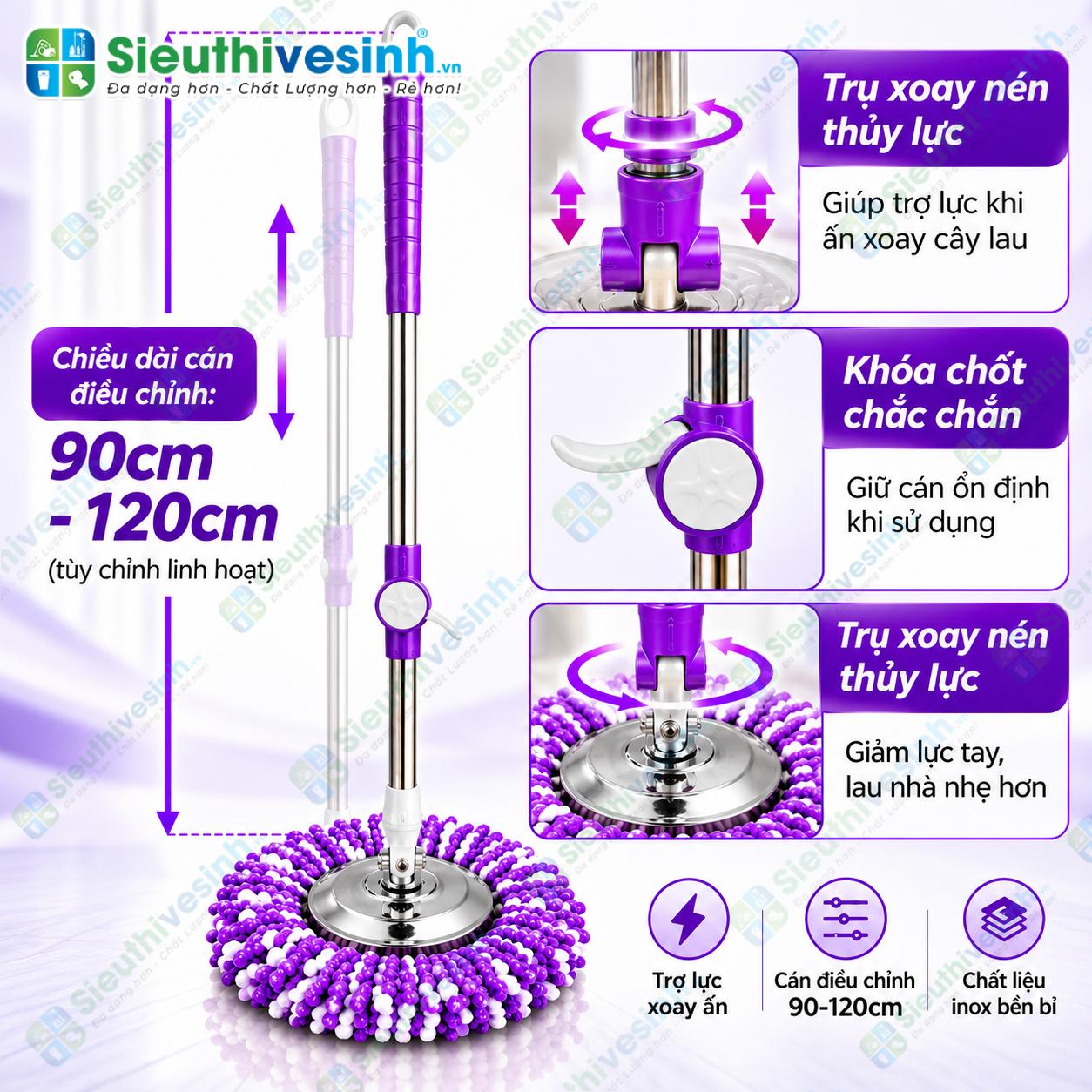 Cây lau nhà cán inox điều chỉnh chiều dài 90–120cm