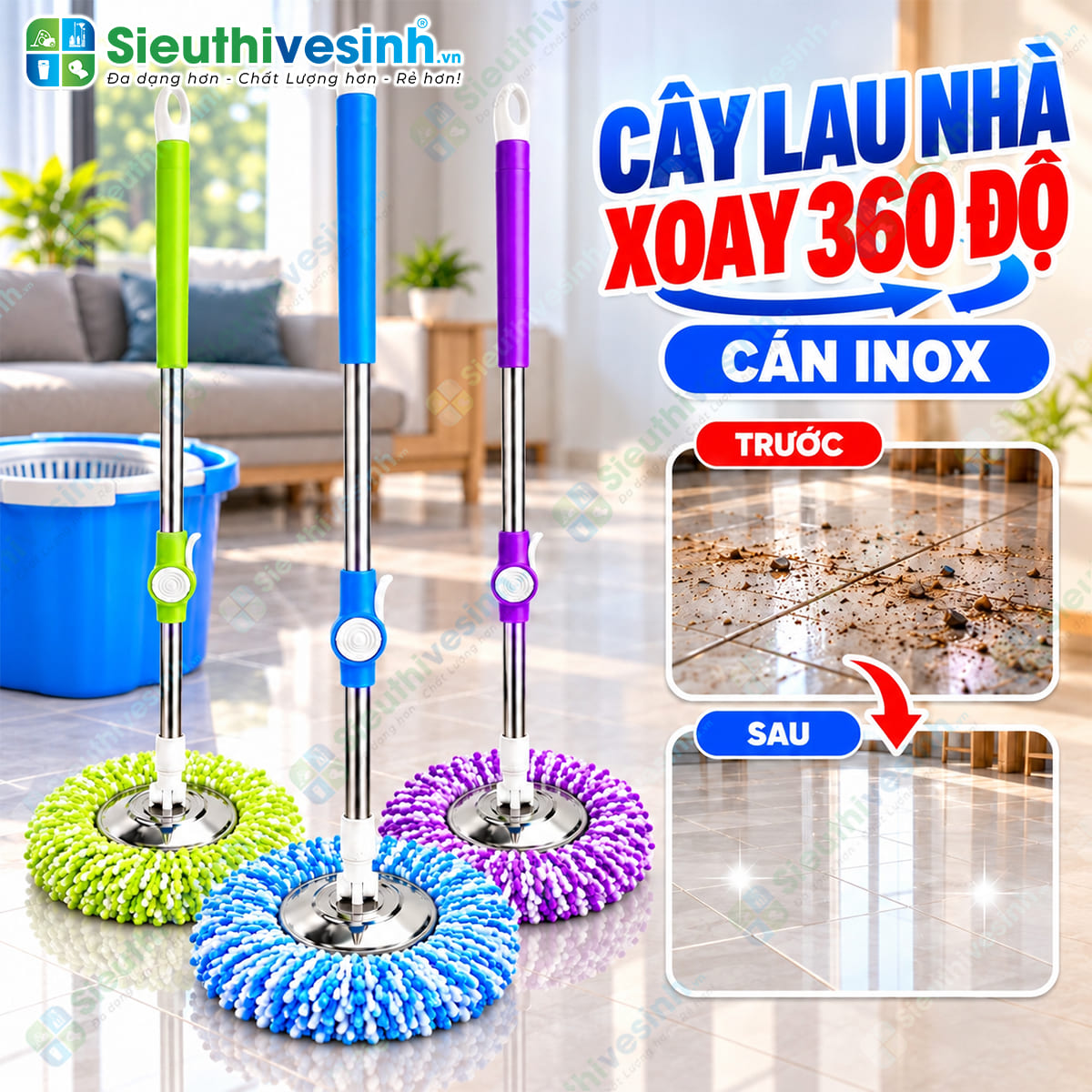 cây lau nhà 360 độ cán inox