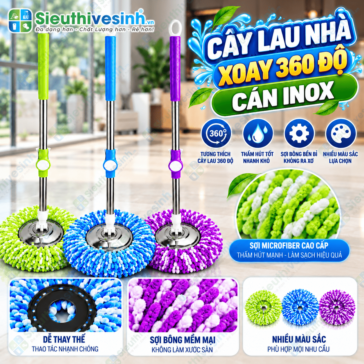 Cây lau nhà 360 độ trợ lực