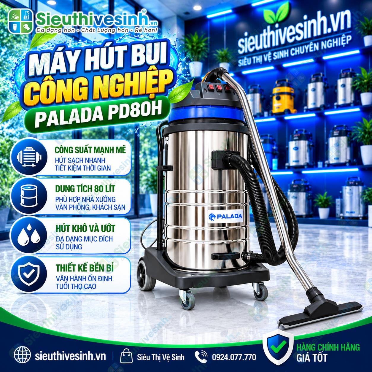 Máy hút bụi Palada PD80H 3 motor thùng inox 80L