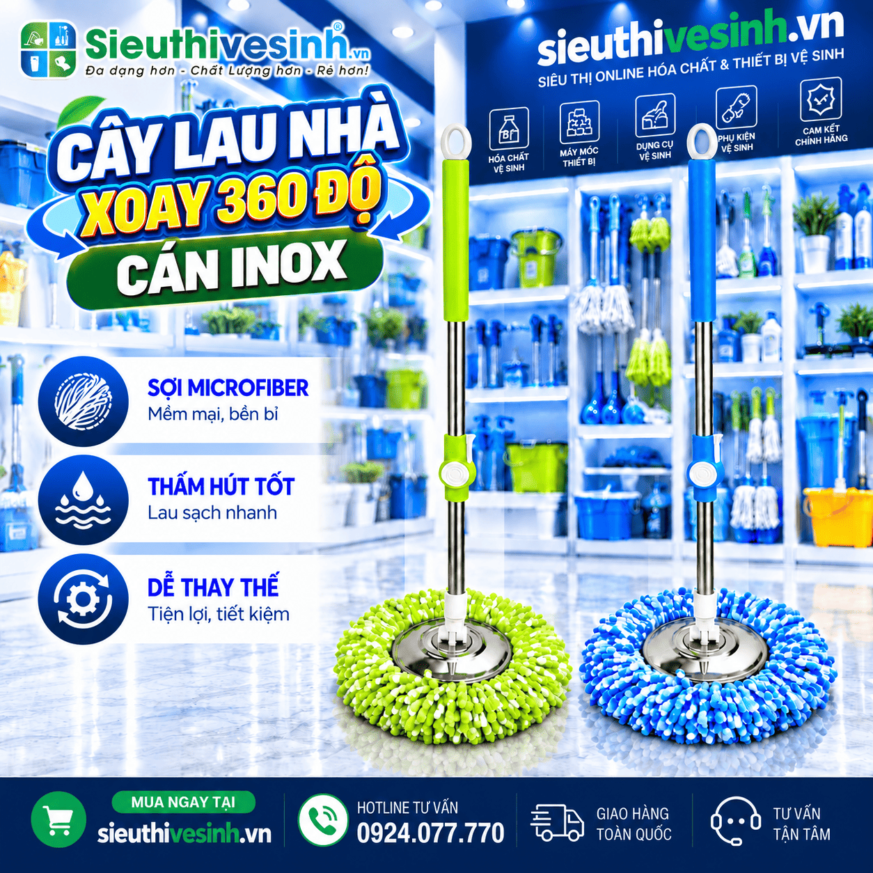 cây lau nhà 360 độ cán inox