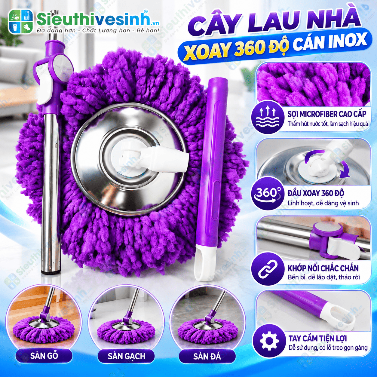 Chi tiết đầu xoay và đế inox của cây lau nhà 360 độ