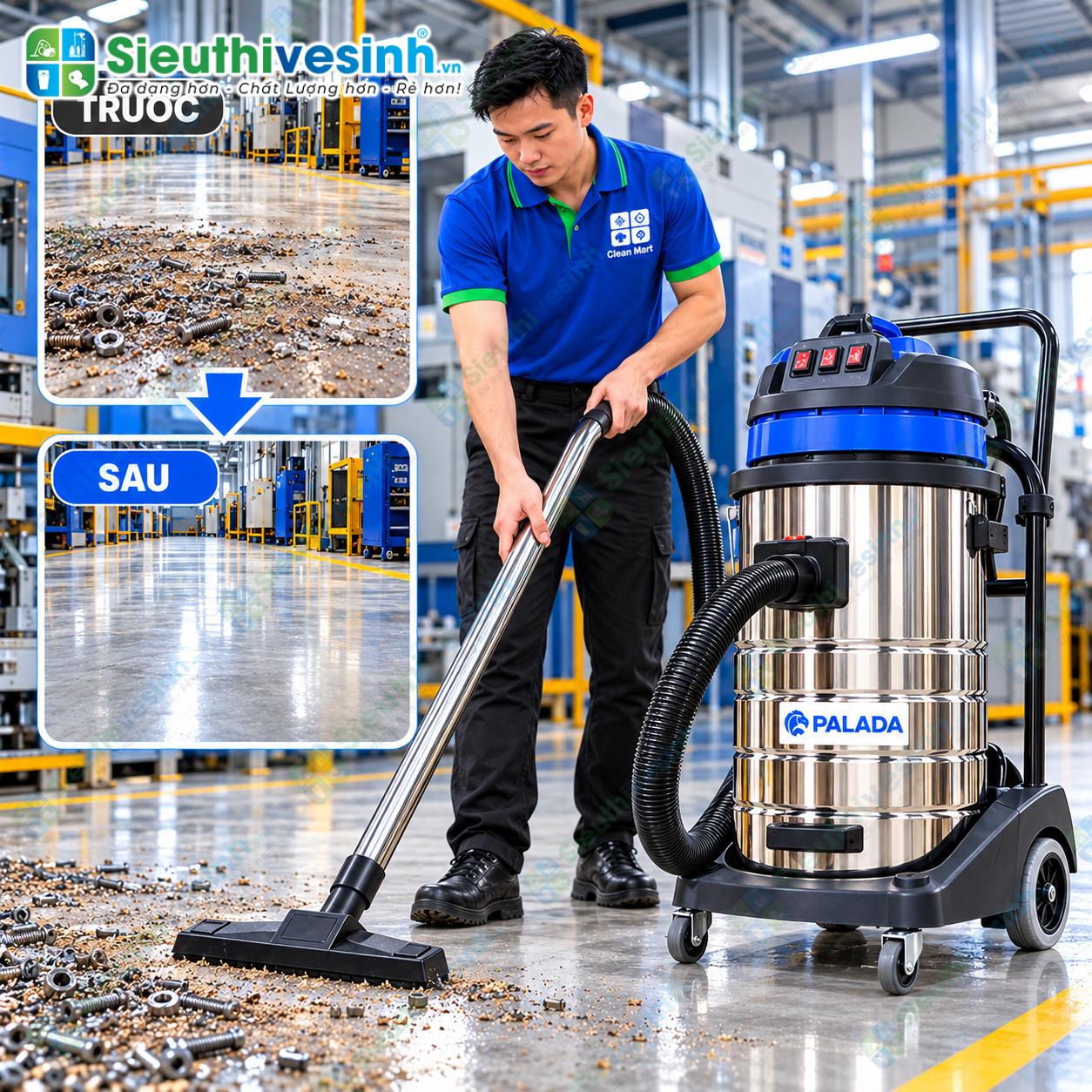 Máy hút bụi công nghiệp Palada PD80H 3 motor thùng inox